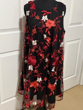Beige by ECI New York XL Swing Dress with Floral Tulle, Fully Lined Tie Back